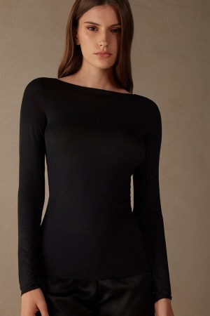 Intimissimi Båd Neck Modal Cashmere Ultralight Top Sort | DKCIF42092