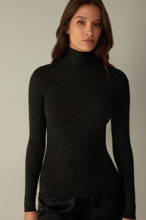 Intimissimi Turtleneck Top in Modal Light with Cashmere Lamé Sort | BDKSO58330