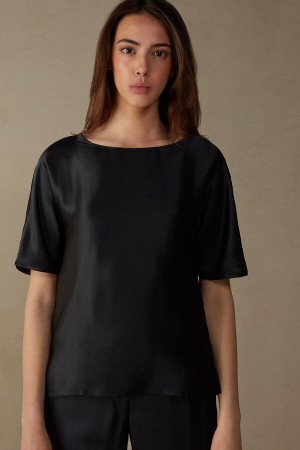 Intimissimi Kort Sleeve Silk and Modal Top Sort | DKXMI96821