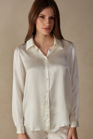 Intimissimi Long Sleeve Silk Shirt Hvide | TDKPQ84971