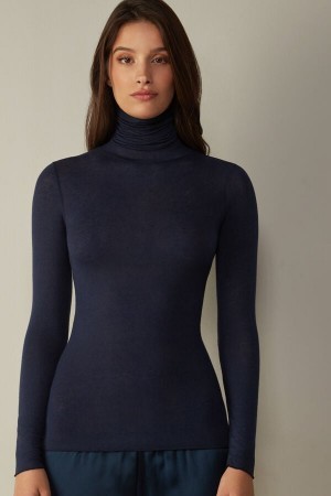 Intimissimi Modal Cashmere Ultralight High-Neck Top Blå | DDKVO78576