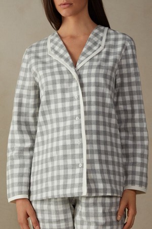 Intimissimi Gingham Lover Shirt in Brushed Cloth Hvide | TDKWZ79278