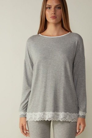 Intimissimi Long-Sleeve Round-Neck Modal Top Grå | DKZPD24377