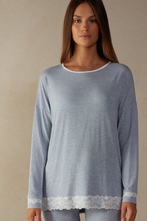 Intimissimi Long-Sleeve Round-Neck Modal Top Lyseblå | DKZDE56083