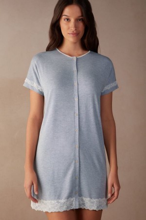 Intimissimi Blonder Trim Button Up Nightgown Lyseblå | DKJKU55167