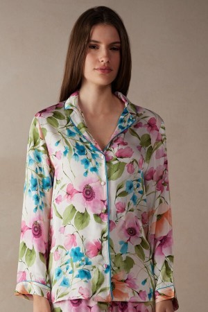 Intimissimi Botanical Lyrics Satin Button Up Shirt Print | MDKFT98147