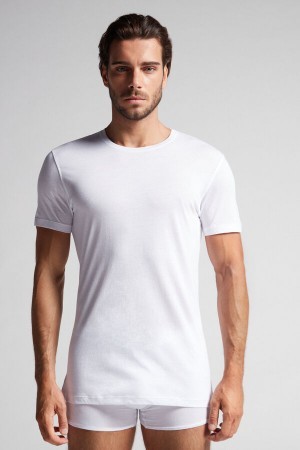 Intimissimi Kort-Sleeve Crew-Neck T-Shirt in Extra-Fine Supima® Bomulds Hvide | DKDYB38309