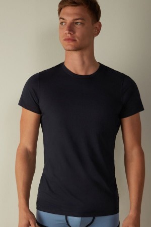 Intimissimi Kort-Sleeve Crew-Neck T-Shirt in Extra-Fine Supima® Bomulds Blå | ZDKNQ19295