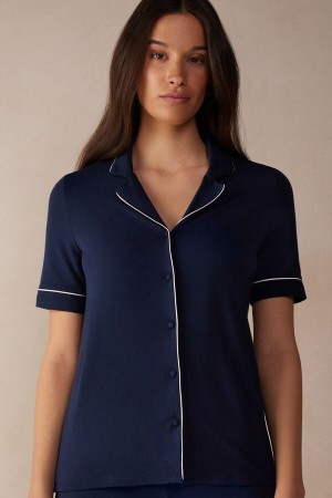 Intimissimi Kort Sleeve Button Up Shirt in Modal Blå | TDKPQ65933