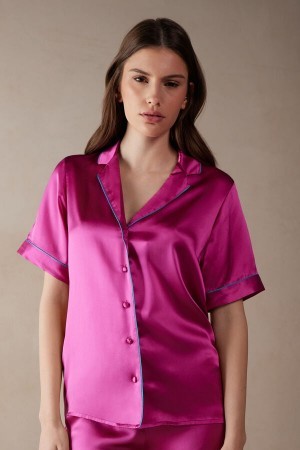 Intimissimi Kort Sleeve Silk Shirt with Contrast Trim Lyserød | EDKHC32403