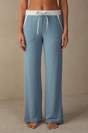 Intimissimi Romantic Bedroom Contrast Trim Full Length Pants in Modal with Uld Lyseblå | BDKSD88221