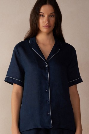 Intimissimi Yacht Night Linen Kort Sleeve Shirt Blå | UDKTG27893