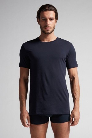 Intimissimi Kort Sleeve Crew Neck T Shirt in Supima® Bomulds Blå | PDKER68659