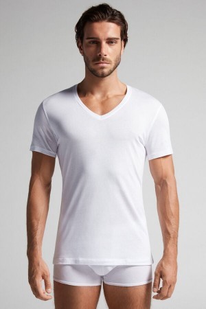 Intimissimi Kort-Sleeve V-Neck T Shirt in Extra-Fine Supima® Bomulds Hvide | DKNZX51229