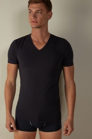 Intimissimi V-neck T-shirt in Stretch Supima® Bomulds Blå | DKJBT60257