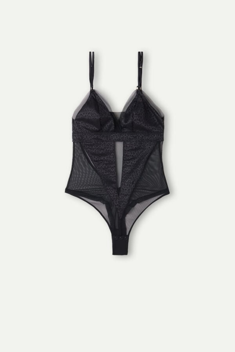 Intimissimi Cool Minimal Tulle and Satin Bodysuit Sort | EDKVG65836