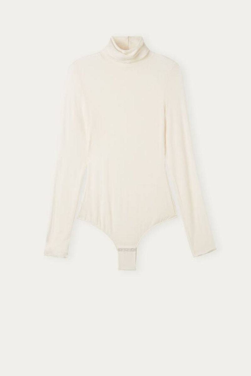 Intimissimi High Collar Bodysuit in Modal Ultralight with Cashmere Hvide | QDKWA50319