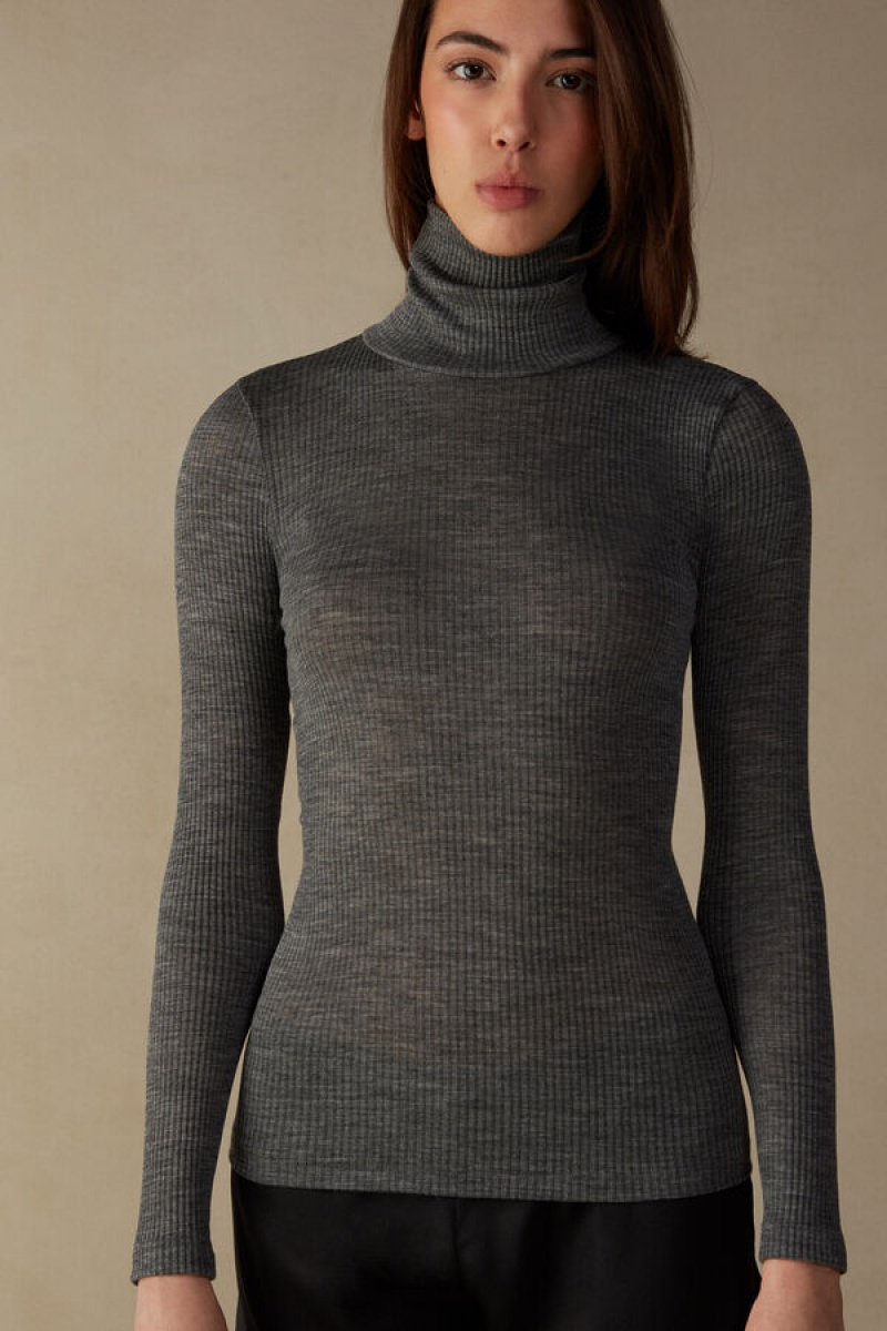 Intimissimi Long-sleeve High-Neck Tubular Top in Uld and Silk Grå | ZDKNQ65715