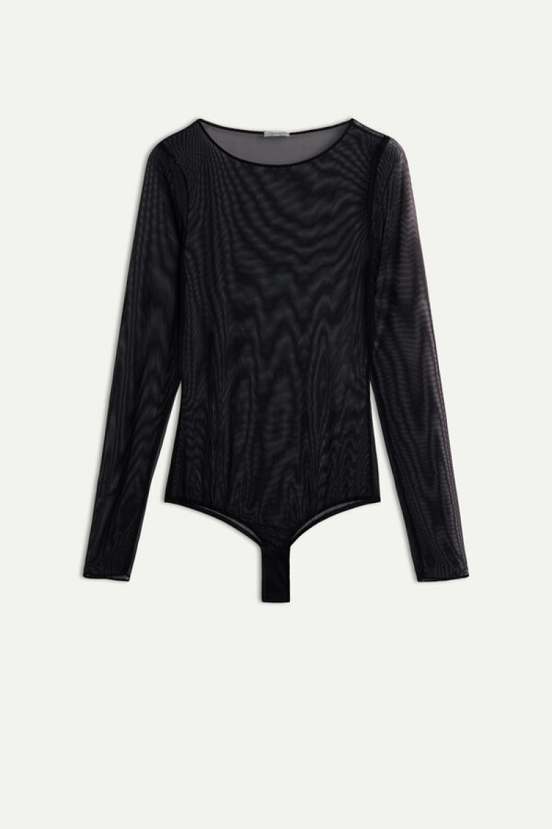 Intimissimi Long Sleeve Bodysuit in Tulle Sort | DKICD42105