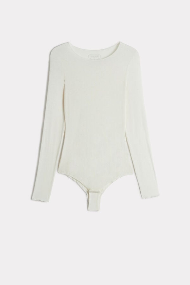 Intimissimi Modal and Cashmere Long-Sleeve Bodysuit Hvide | ZDKNQ86278