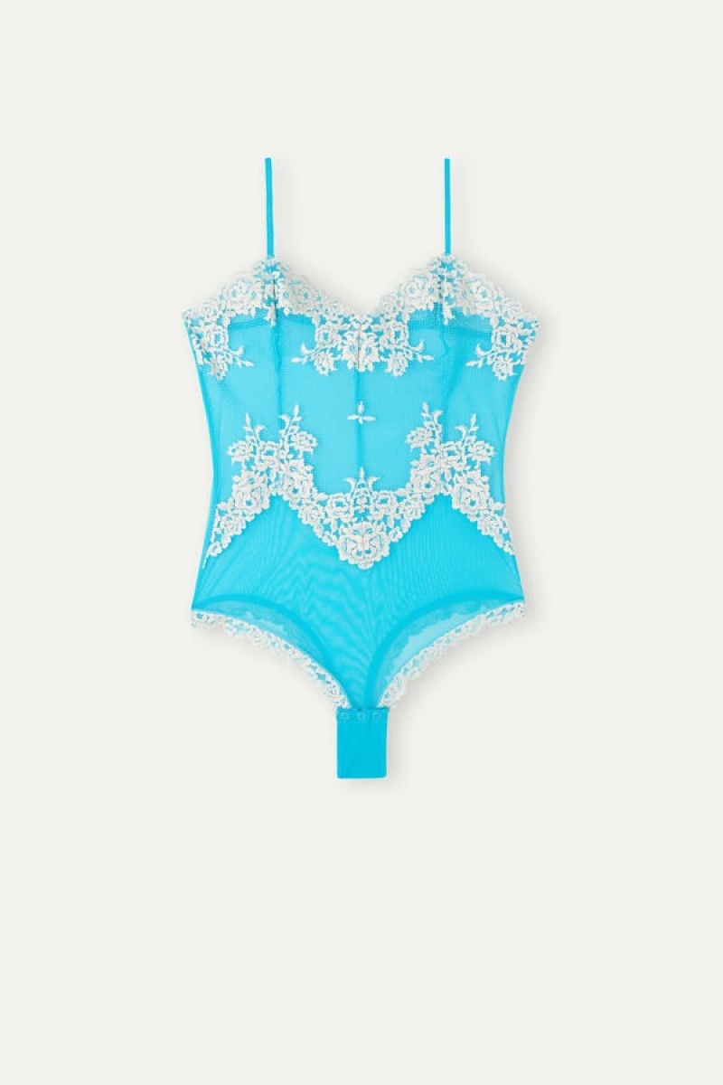 Intimissimi Pretty Flowers Tulle and Blonder Bodysuit Blå | DKZDE35829