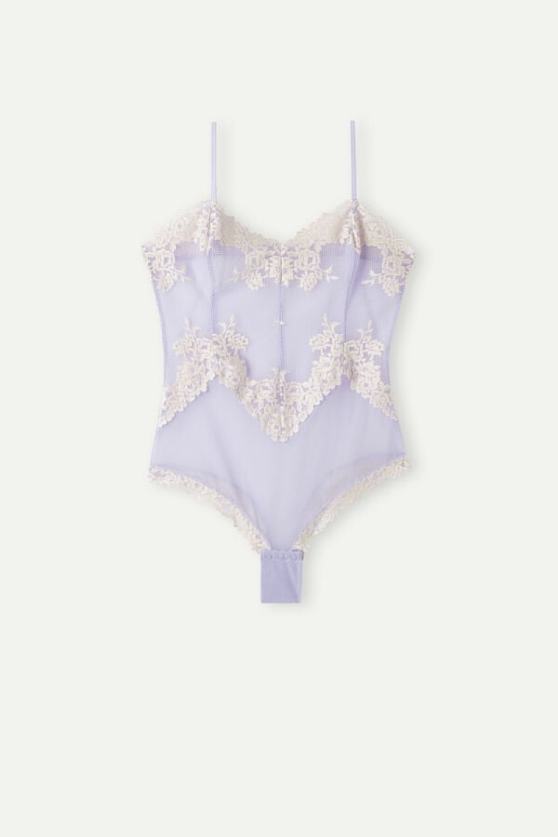 Intimissimi Pretty Flowers Tulle and Blonder Bodysuit Violet | TDKWZ67047