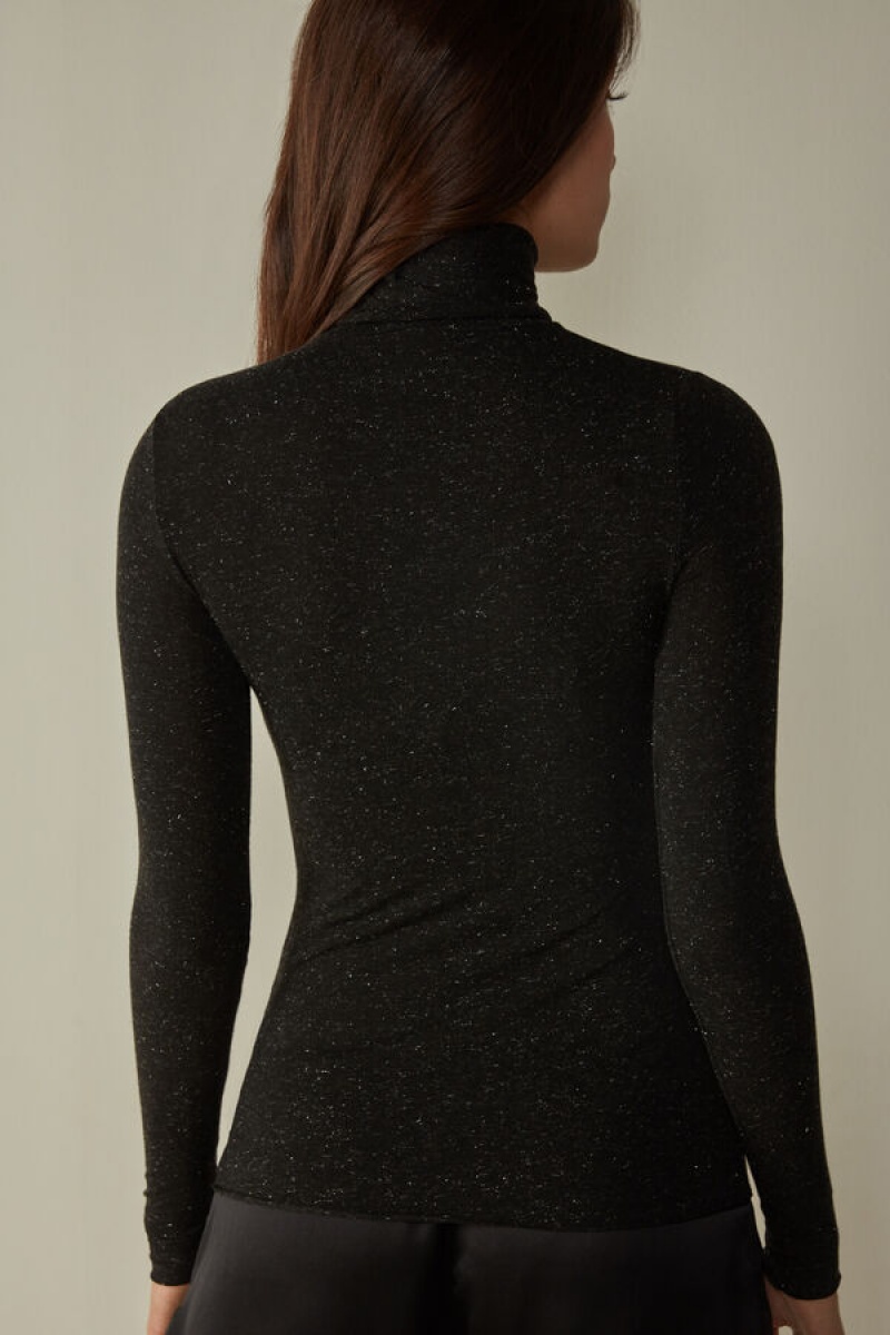 Intimissimi Turtleneck Top in Modal Light with Cashmere Lamé Sort | BDKSO58330