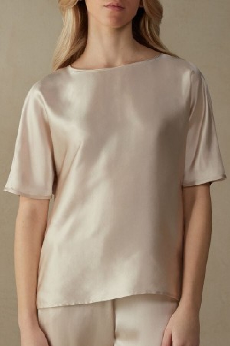 Intimissimi Kort Sleeve Silk and Modal Top Natural | DKXMI68133