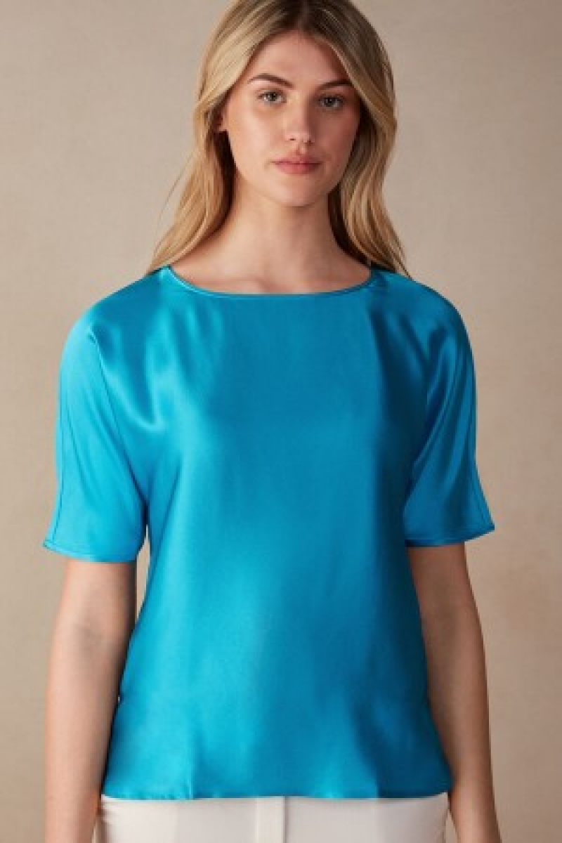 Intimissimi Kort Sleeve Silk and Modal Top Blå | PDKQX25999