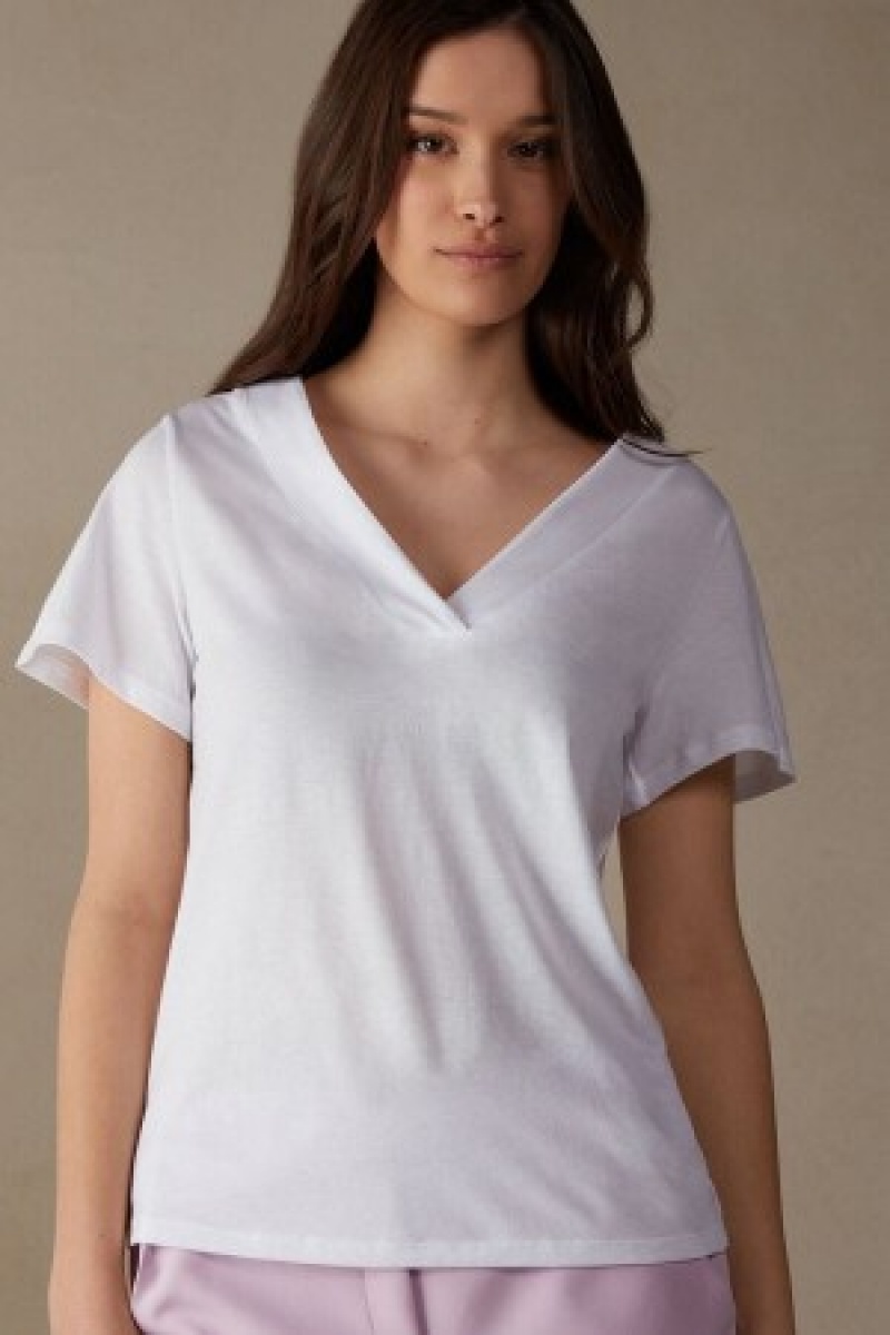 Intimissimi Kort Sleeve V-neck Top in Supima® Ultrafresh Bomulds Hvide | DKEAH34653