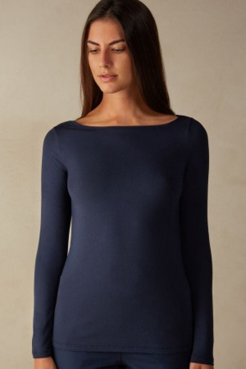 Intimissimi Long Sleeve Bateau Neck Top in Micromodal Blå | LDKTR78364