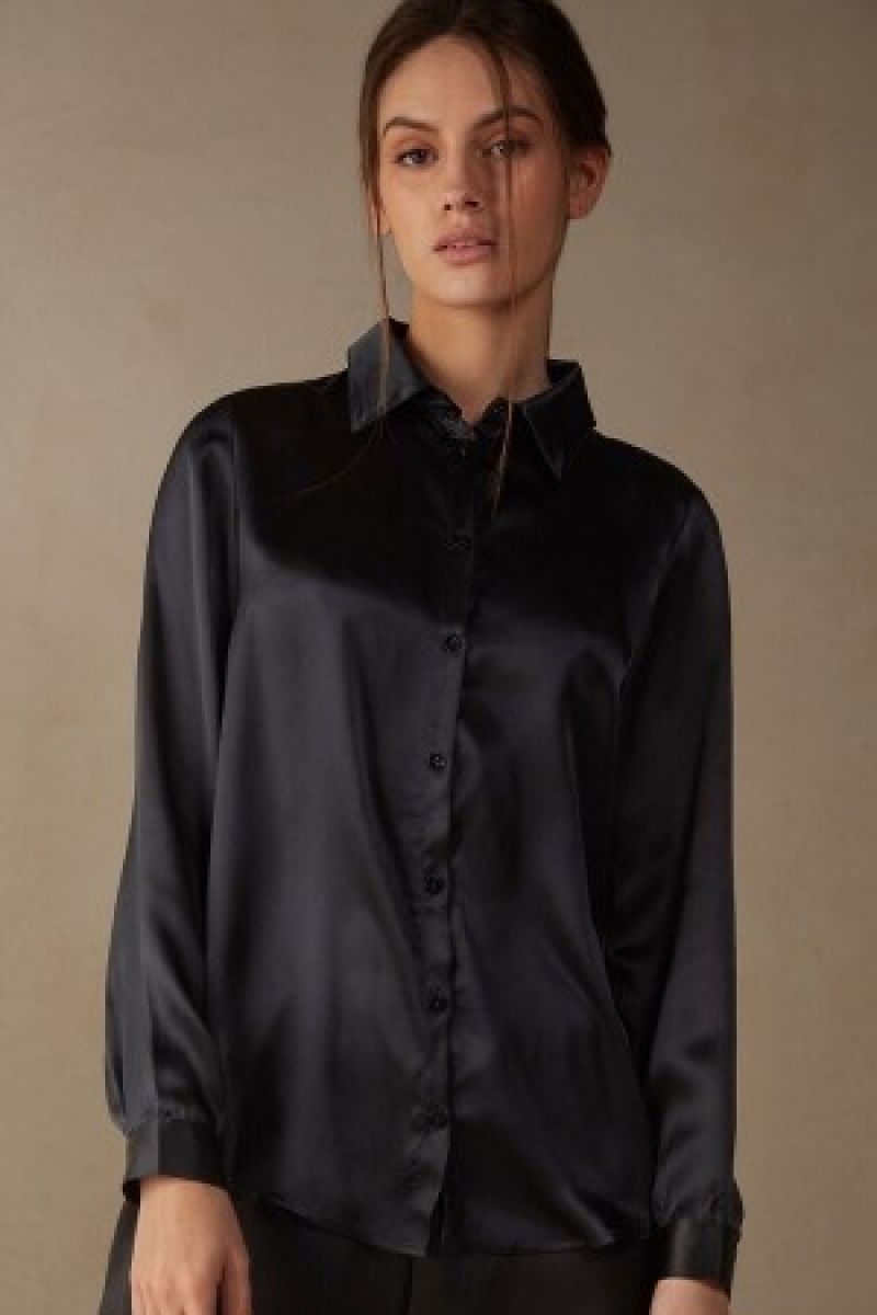 Intimissimi Long Sleeve Silk Shirt Sort | GDKEC29647