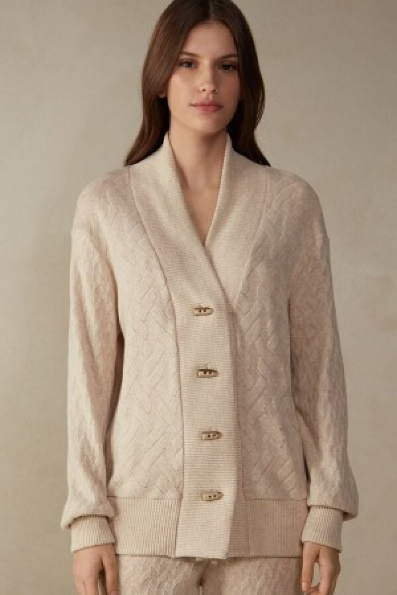 Intimissimi Vinter Braid Long Sleeve Jacquard Cardigan Natural | GDKUC35783