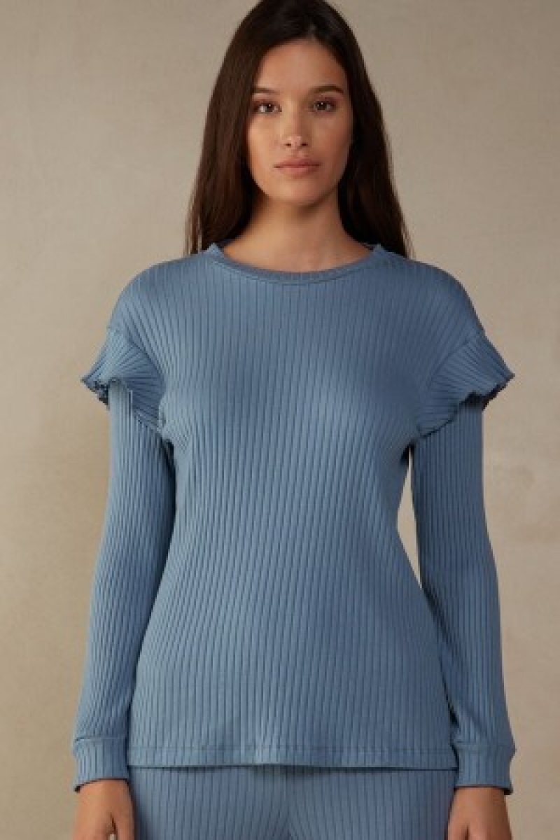 Intimissimi Cozy Mountains Long Sleeve Ribbet Top Blå | ZDKNQ22361