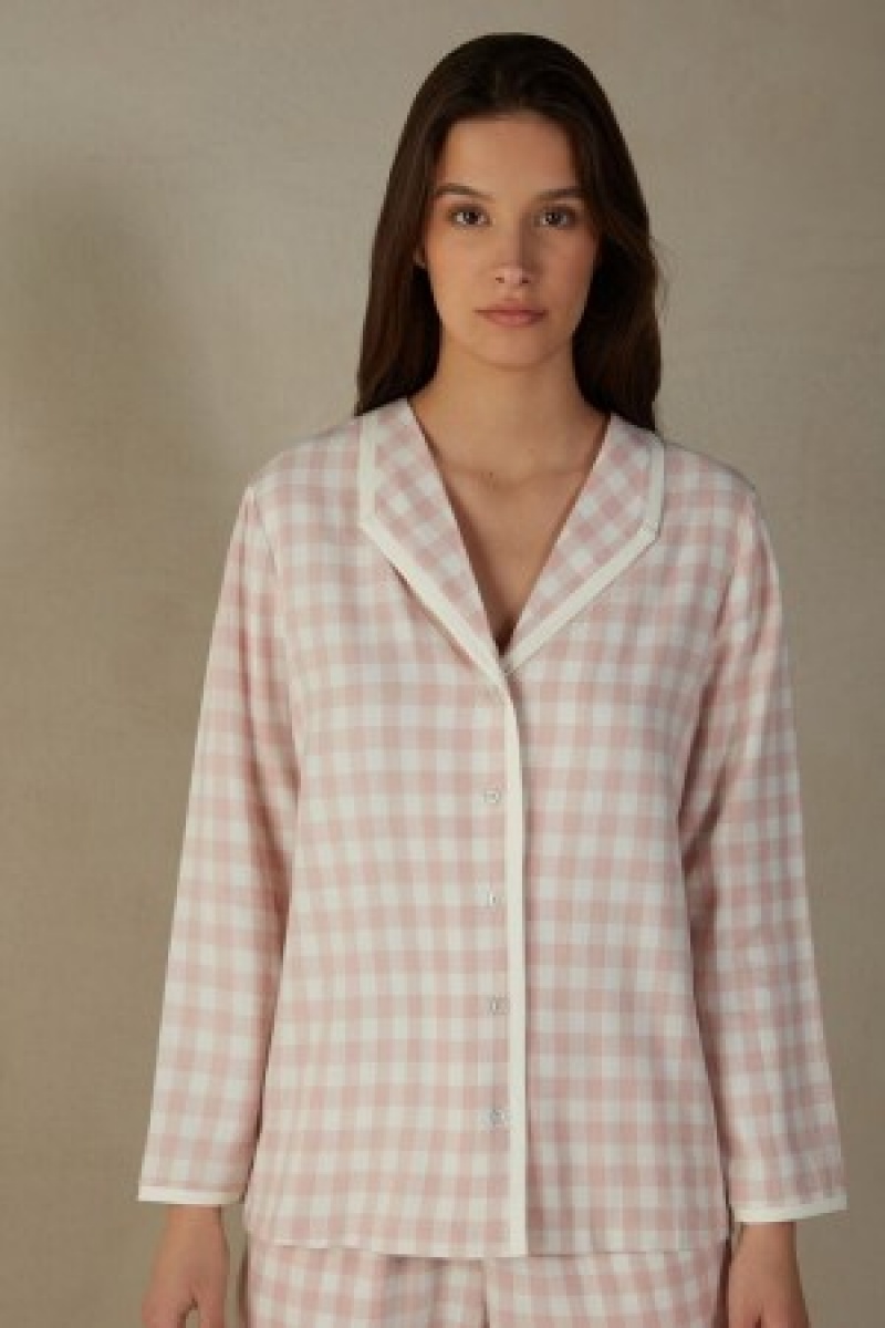 Intimissimi Gingham Lover Shirt in Brushed Cloth Hvide | DKJBT53167