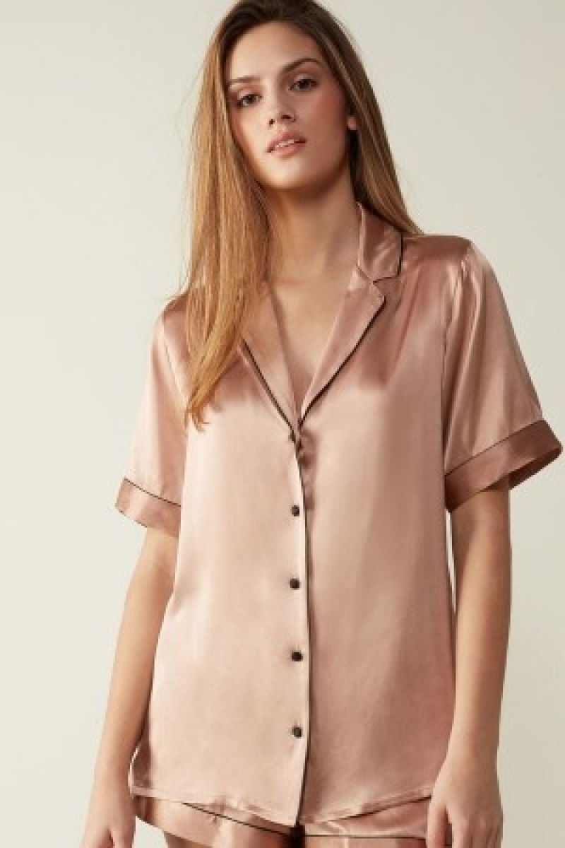 Intimissimi Kort Sleeve Silk Shirt with Contrast Trim Natural | DKEAH19601