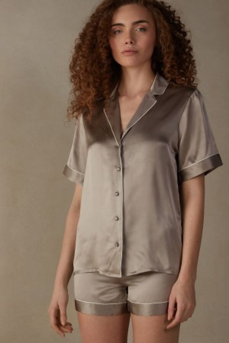 Intimissimi Kort Sleeve Silk Shirt with Contrast Trim Natural | SDKNY97165