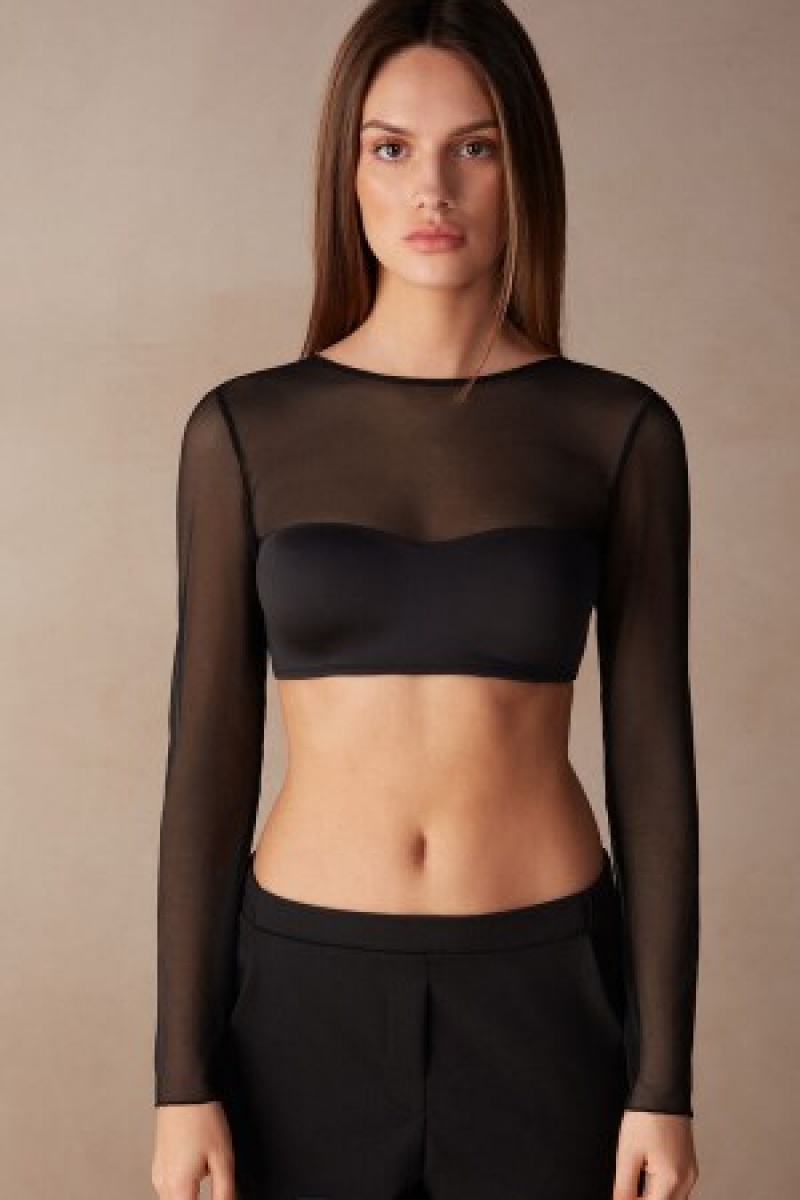 Intimissimi Long Sleeve Bra Top in Ultralight Microfiber and Tulle Sort | DDKKV57567