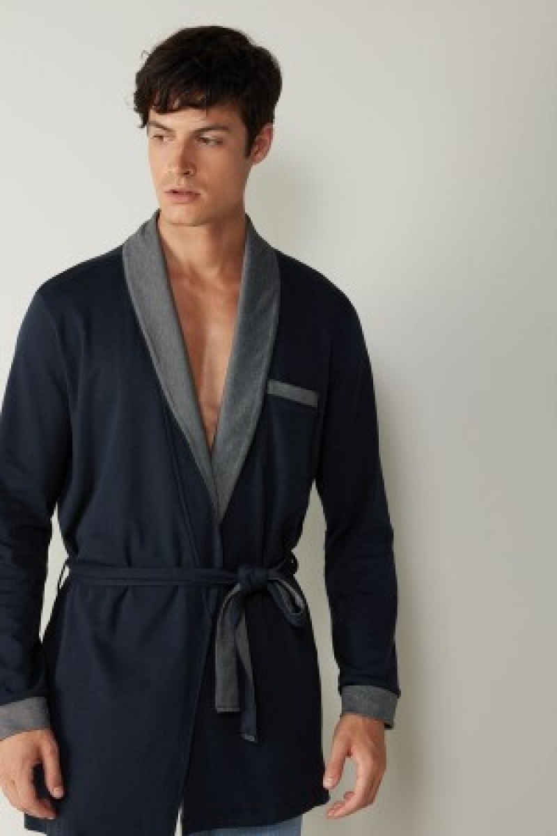 Intimissimi Interlock Bomulds Smoking Jacket Blå | YDKGT58520