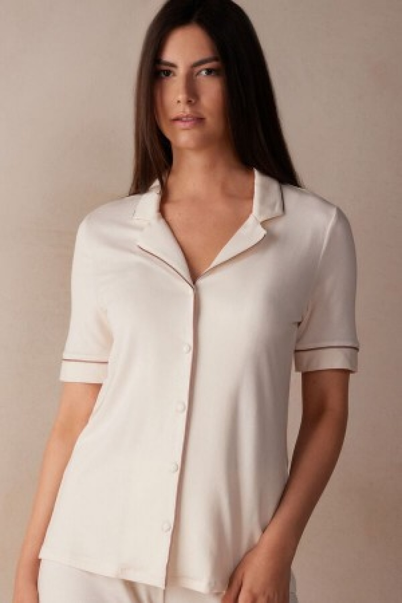 Intimissimi Kort Sleeve Button Up Shirt in Modal Natural | SDKVO15437