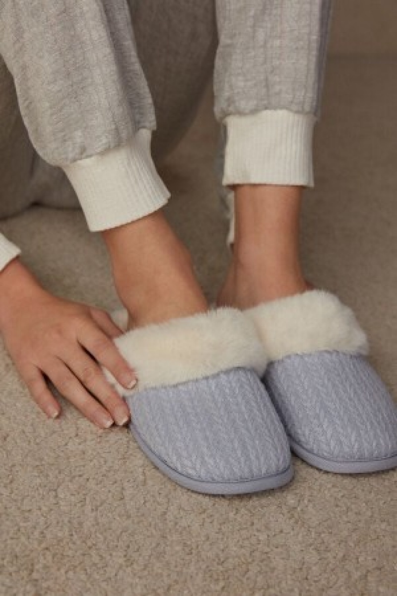 Intimissimi Ribbet Velvet Slippers with Faux Fur Hvide | DKICD15928