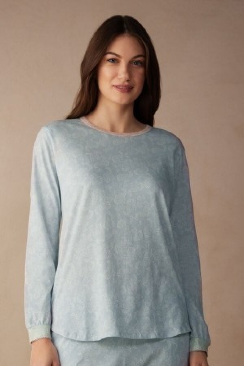 Intimissimi Romantic Cashmere Long Sleeve Bomulds Top Lyseblå | DKIIZ84243