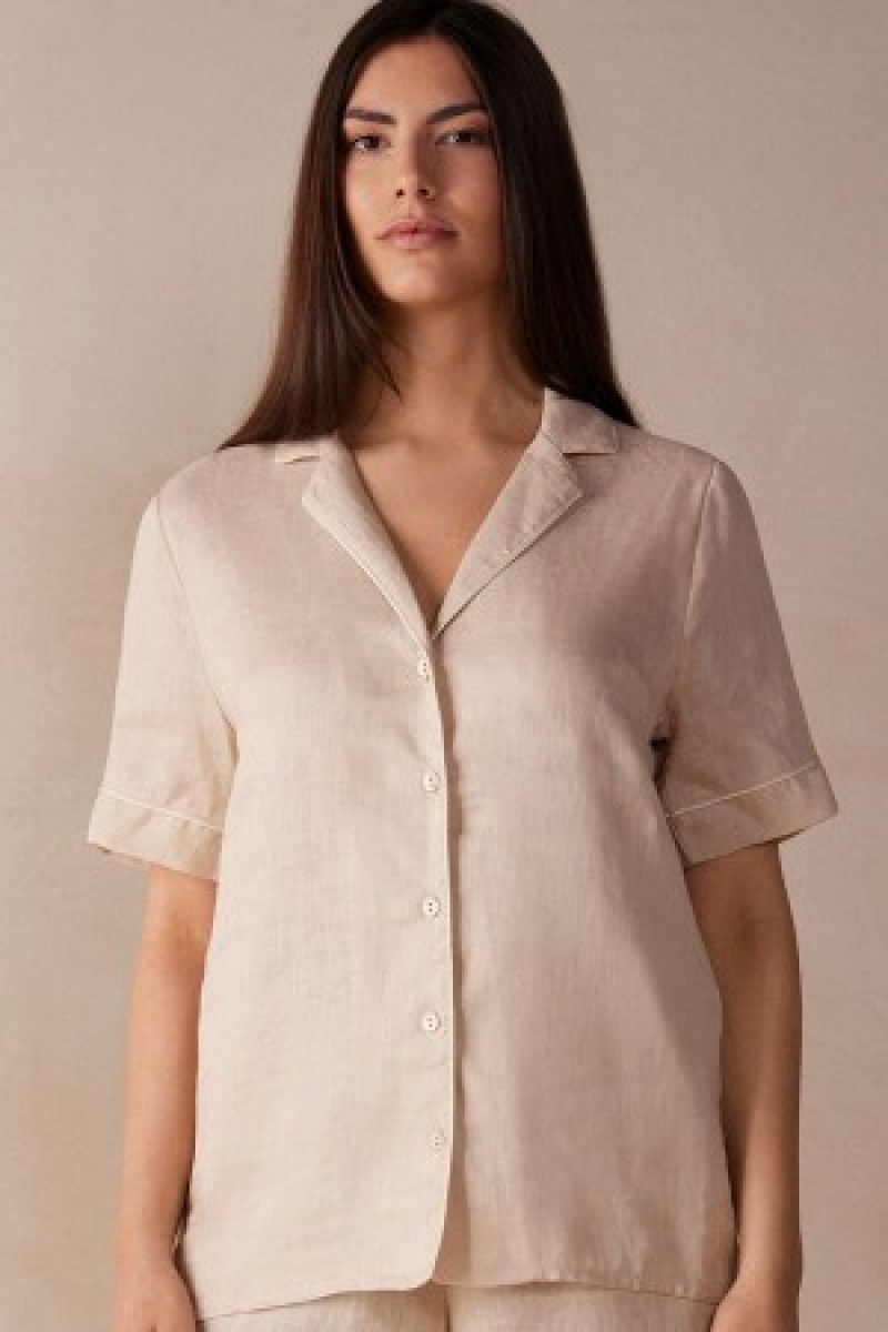 Intimissimi Yacht Night Linen Kort Sleeve Shirt Natural | YDKGT95843