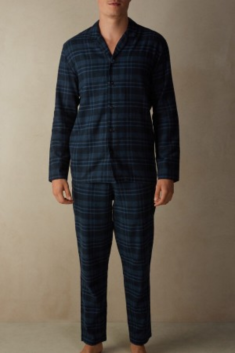 Intimissimi Full Length Pajamas in Brushed Blue Check Patterned Cloth Blå | DKNEJ83533