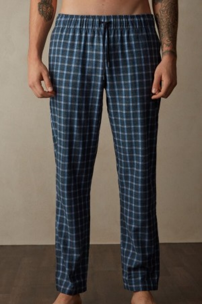 Intimissimi Full Length Pants in Check Patterned Brushed Cloth Blå | DKJVR15411