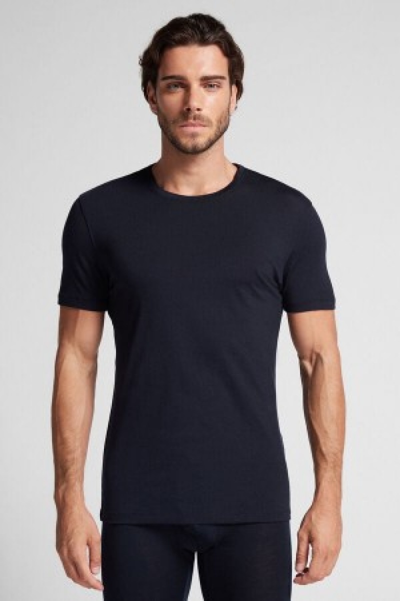 Intimissimi Stretch Merino Uld Kort-Sleeve T-Shirt Sort | QDKUV93599