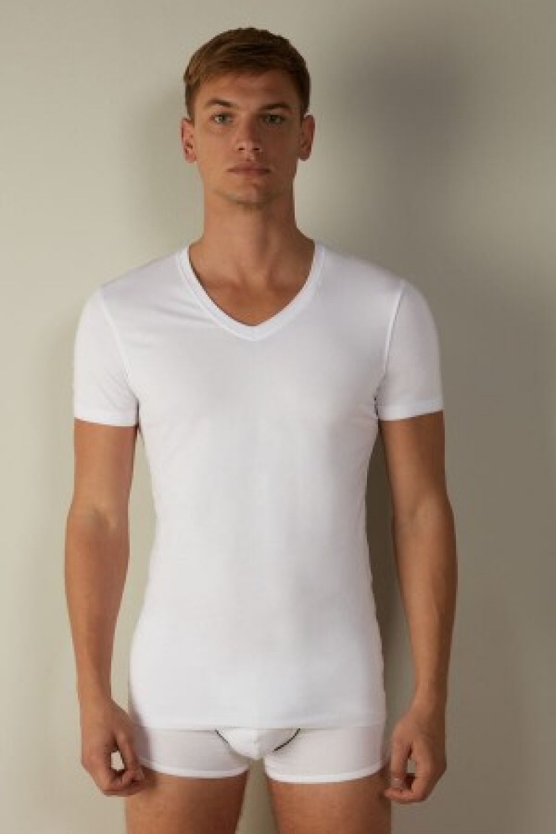 Intimissimi V-neck T-shirt in Stretch Supima® Bomulds Hvide | DKDYB21830