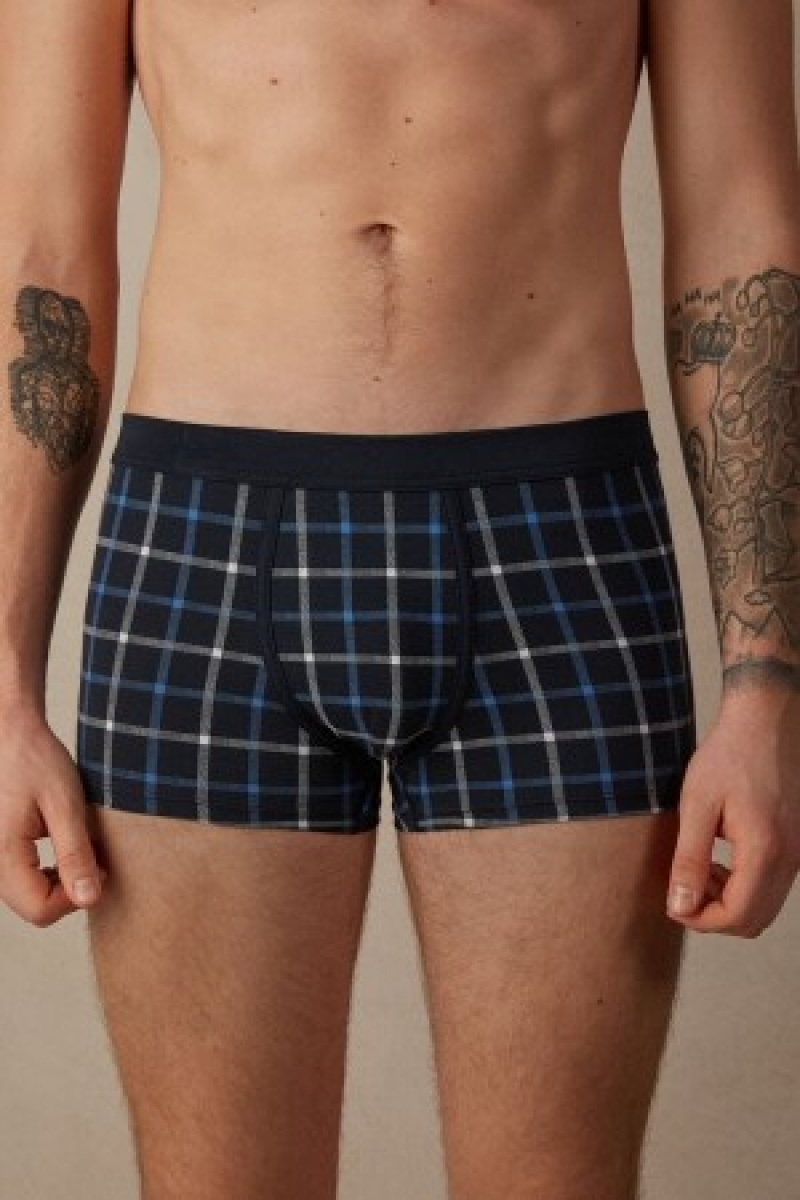 Intimissimi Blue Checkered Boxers in Stretch Supima® Bomulds Blå | DKXMI74909