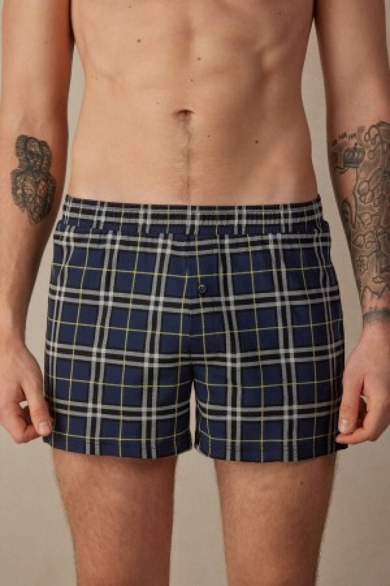 Intimissimi Tartan Patterned Bomulds Jersey Relaxed Fit Boxers Blå | DKXMI51869